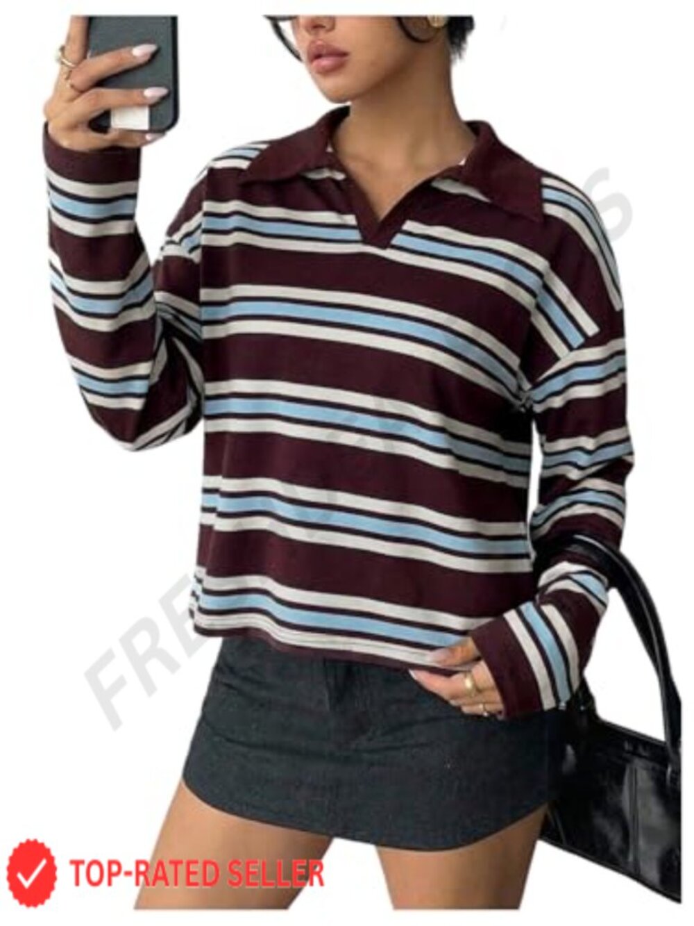 Oversized Striped Rugby Pullover Tee Long Sleeve V-Neck Y2K Top
